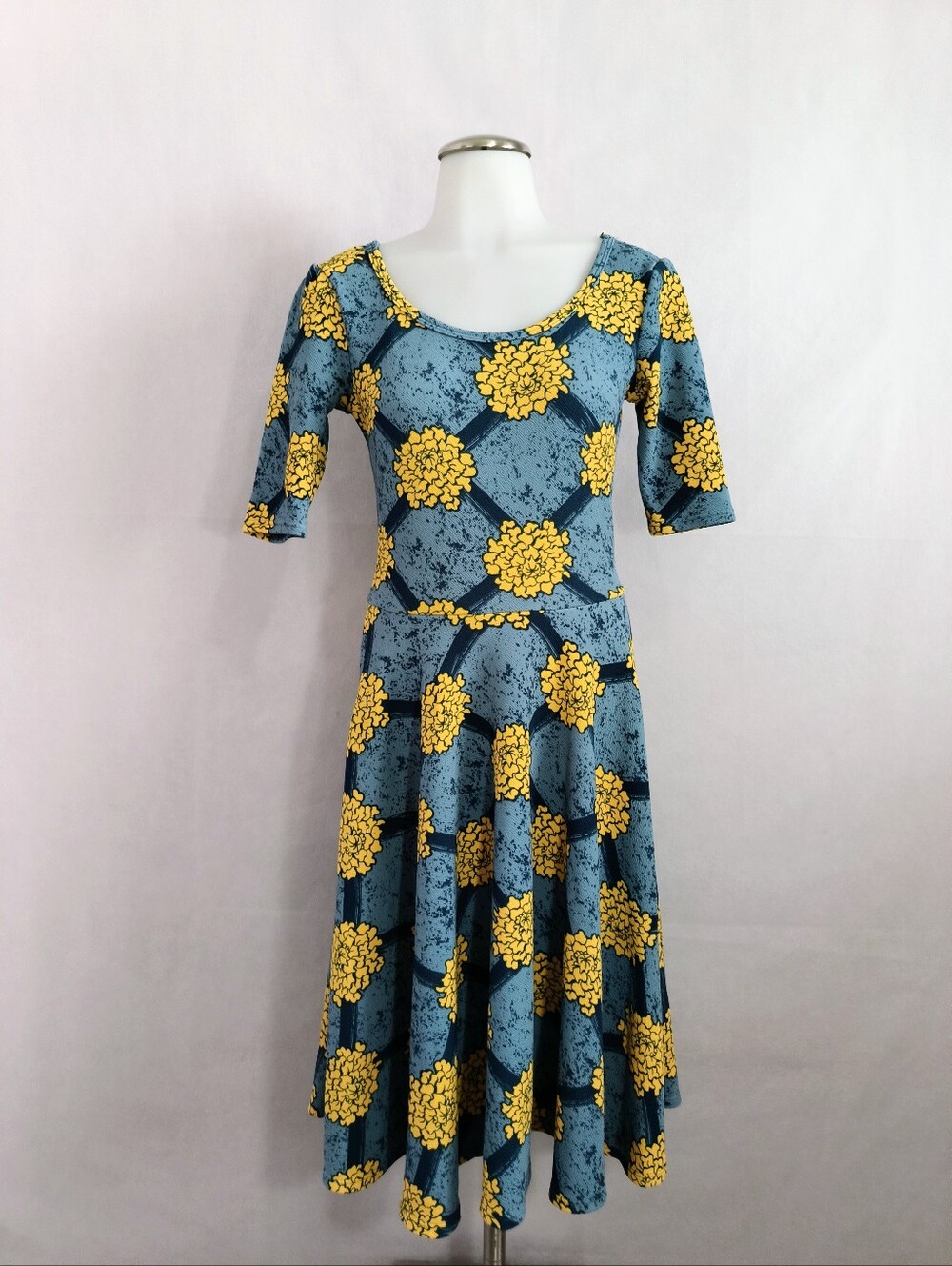 LuLaRoe Spun Polyester Blue Dress with Yellow Floral Print